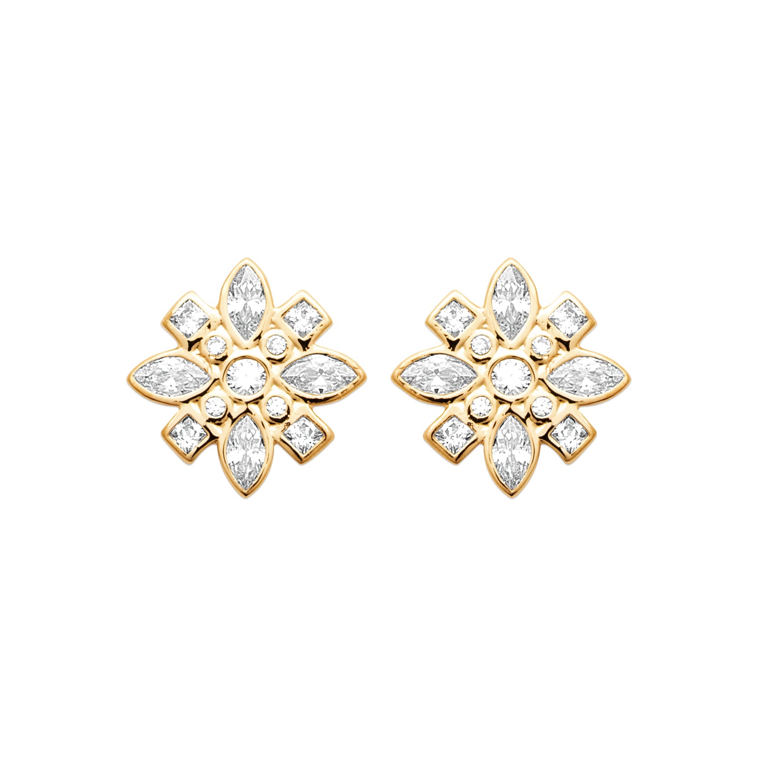 True Story Earrings in 18K Gold Plating Featuring Floral-Inspired Marquise, Princess and Round-Cut Clear Cubic Zirconia Stud Design | Burren Jewellery