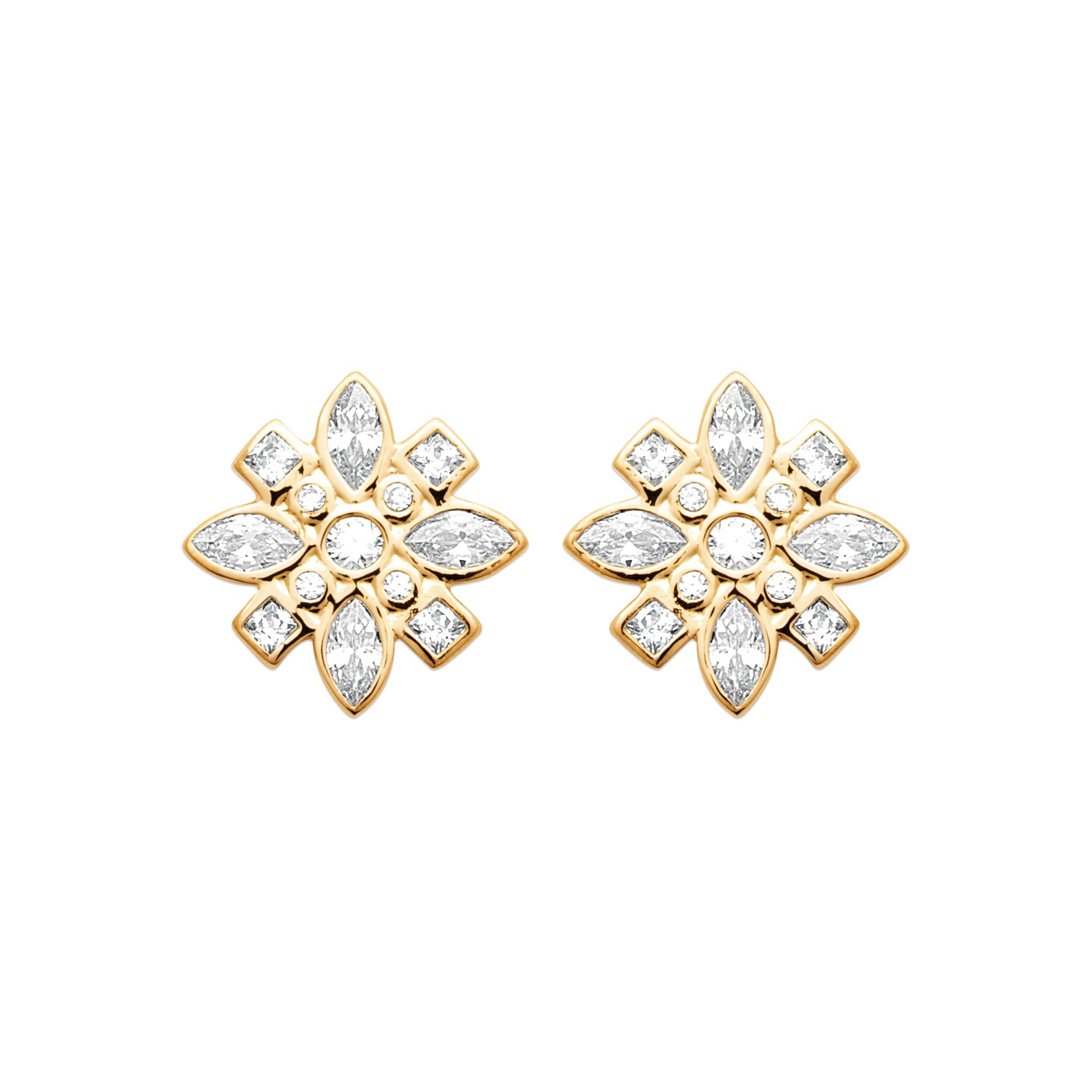 True Story Earrings in 18K Gold Plating Featuring Floral-Inspired Marquise, Princess and Round-Cut Clear Cubic Zirconia Stud Design | Burren Jewellery