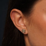 A close-up of a models's ear wearing a True Story Earrings in 18K Gold Plating Featuring Floral-Inspired Marquise, Princess and Round-Cut Clear Cubic Zirconia Stud Design | Burren Jewellery