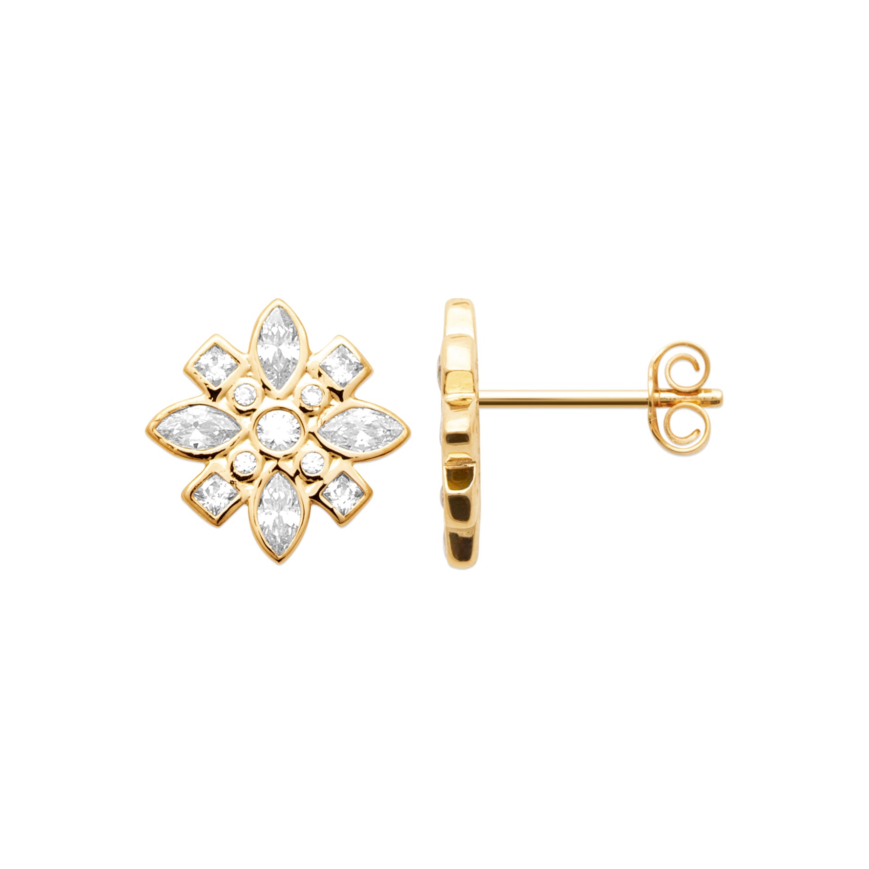 A pair of True Story Earrings in 18K Gold Plating Featuring Floral-Inspired Marquise, Princess and Round-Cut Clear Cubic Zirconia Stud Design | Burren Jewellery