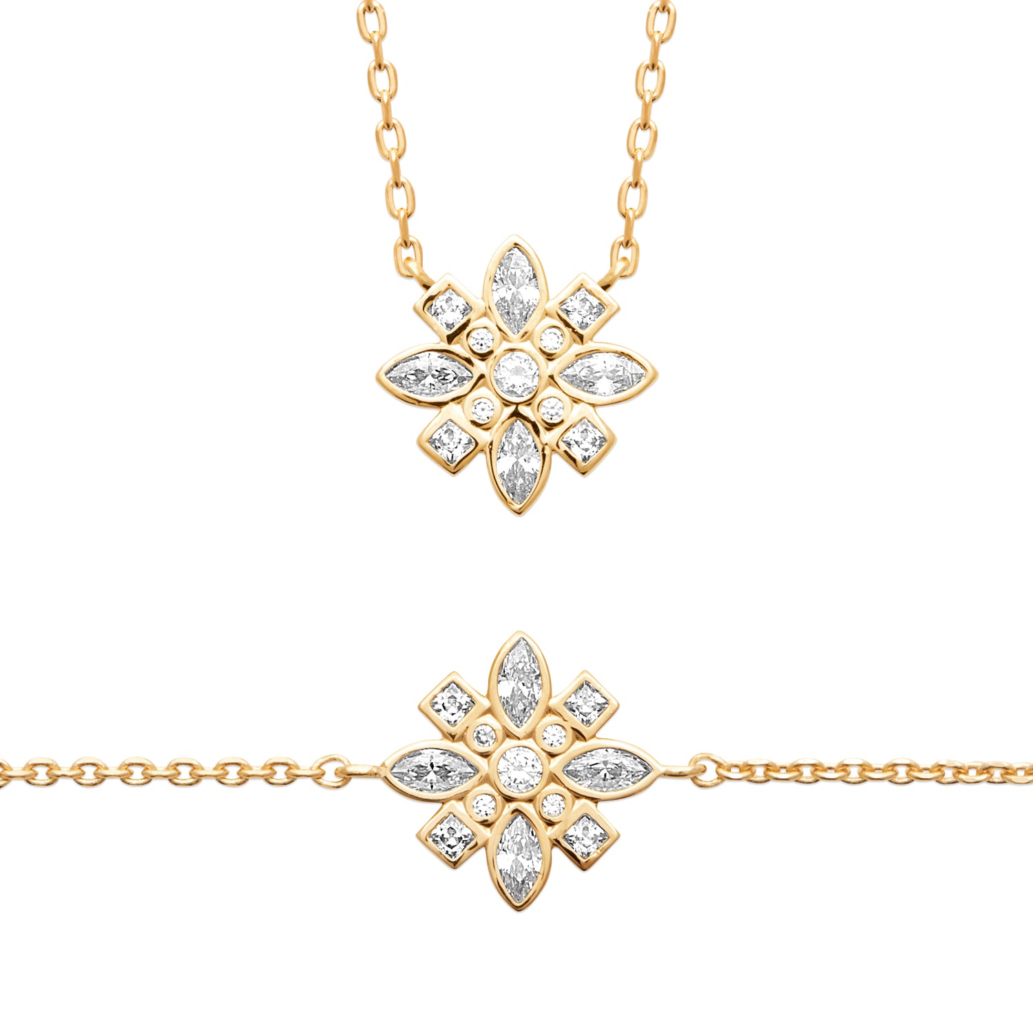 Closeup of True Story Necklace in 18K Gold Plating Featuring a Floral-Inspired Marquise, Princess and Round-Cut Clear Cubic Zirconia Pendant on a Fine Gold Chain | Burren Jewellery
