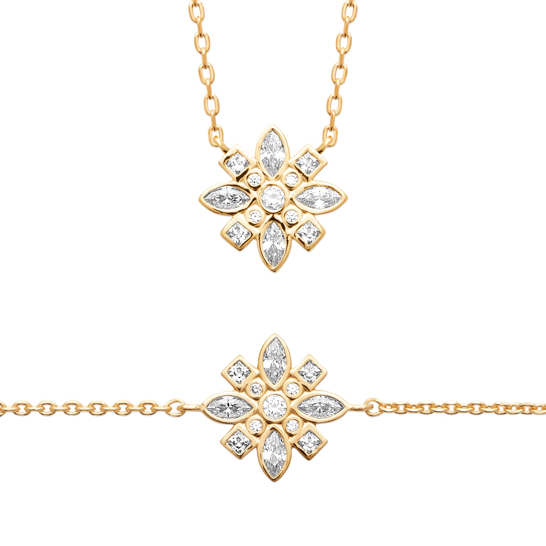 Closeup of True Story Necklace in 18K Gold Plating Featuring a Floral-Inspired Marquise, Princess and Round-Cut Clear Cubic Zirconia Pendant on a Fine Gold Chain | Burren Jewellery
