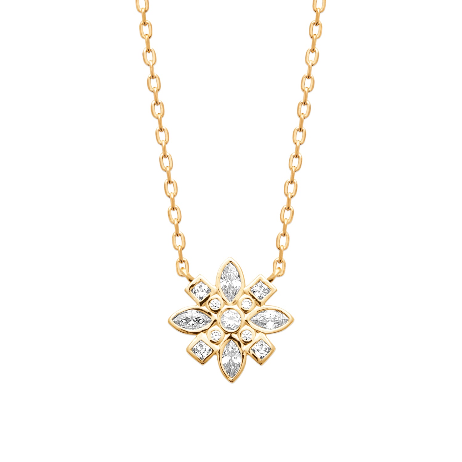 True Story Necklace in 18K Gold Plating Featuring a Floral-Inspired Marquise, Princess and Round-Cut Clear Cubic Zirconia Pendant on a Fine Gold Chain | Burren Jewellery
