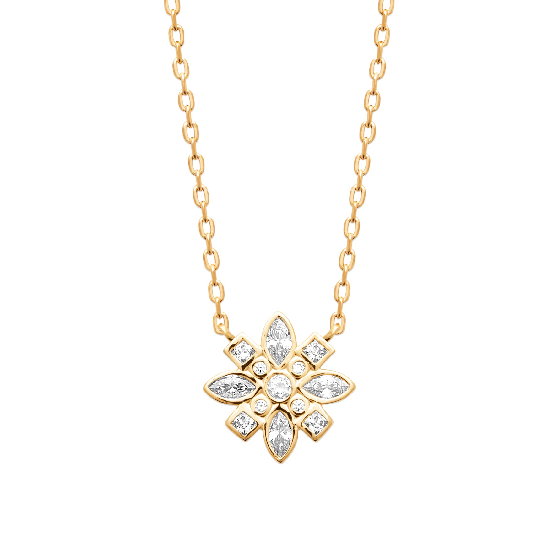 True Story Necklace in 18K Gold Plating Featuring a Floral-Inspired Marquise, Princess and Round-Cut Clear Cubic Zirconia Pendant on a Fine Gold Chain | Burren Jewellery
