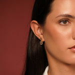 A close-up of a woman's ear and side profile wearing Flower Garden Earrings in 18K Gold Plating Featuring Floral Drop Earrings with Cubic Zirconia | Burren Jewellery