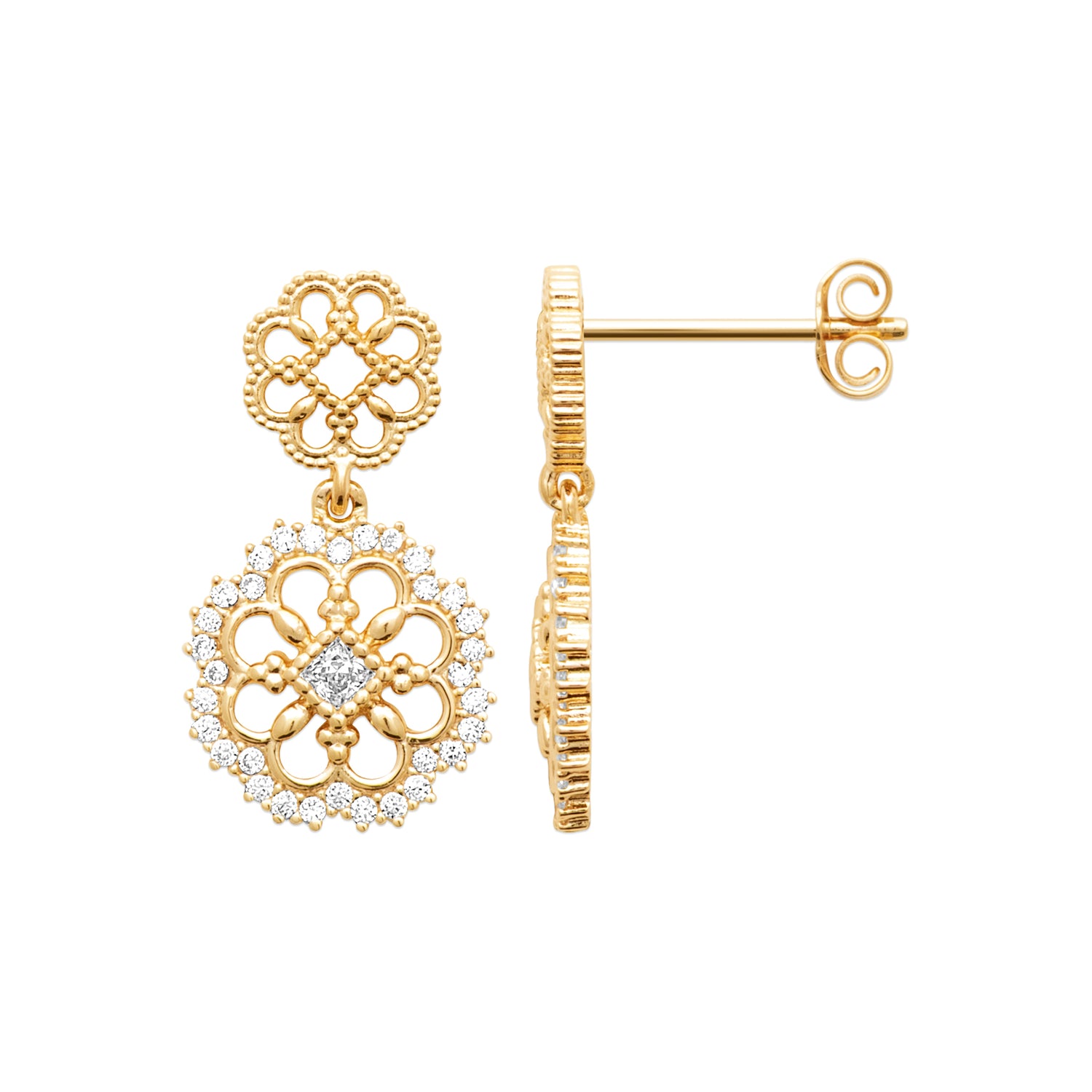 Side shot of Flower Garden Earrings in 18K Gold Plating Featuring Floral Drop Earrings with Cubic Zirconia | Burren Jewellery