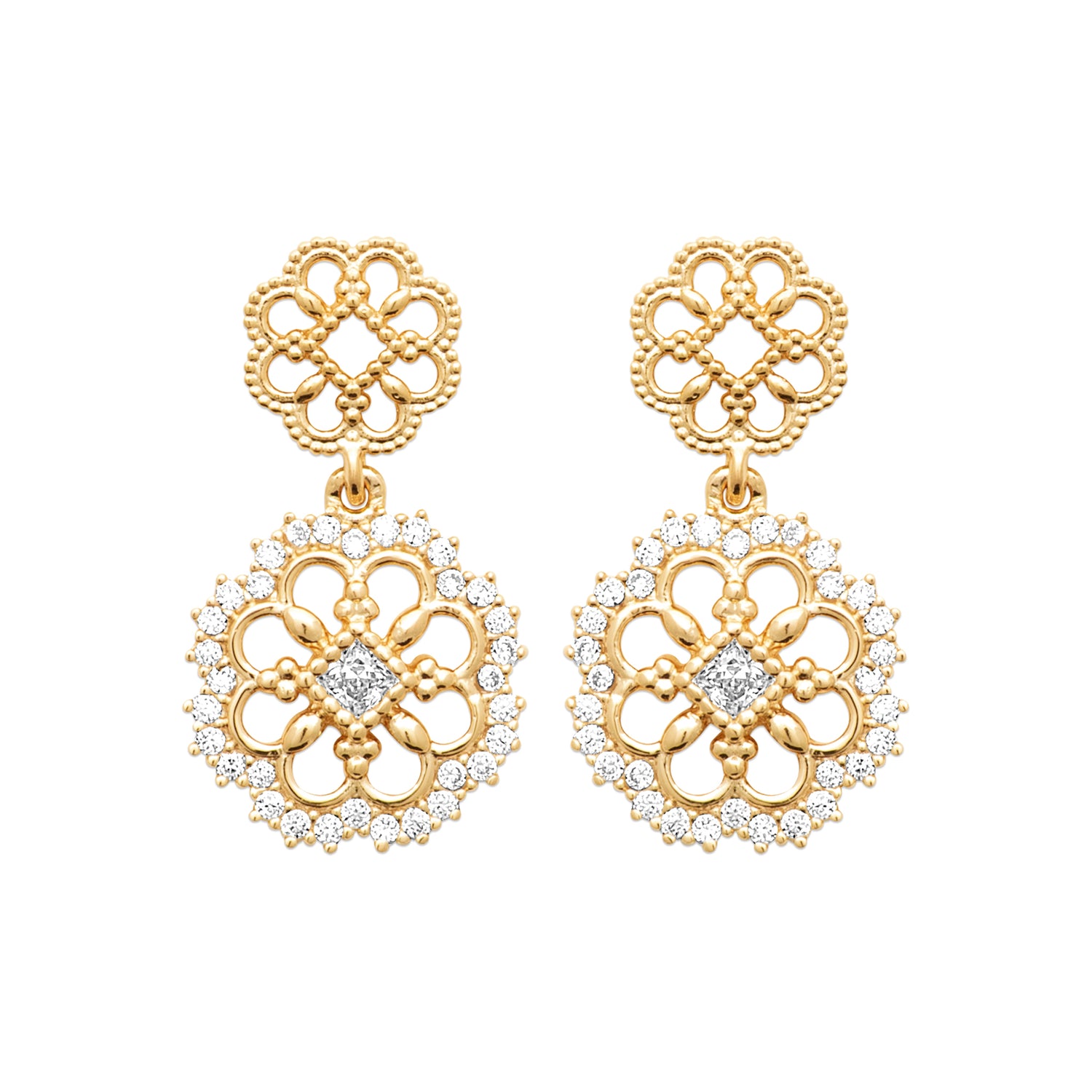 Front Flower Garden Earrings in 18K Gold Plating Featuring Floral Drop Earrings with Cubic Zirconia | Burren Jewellery