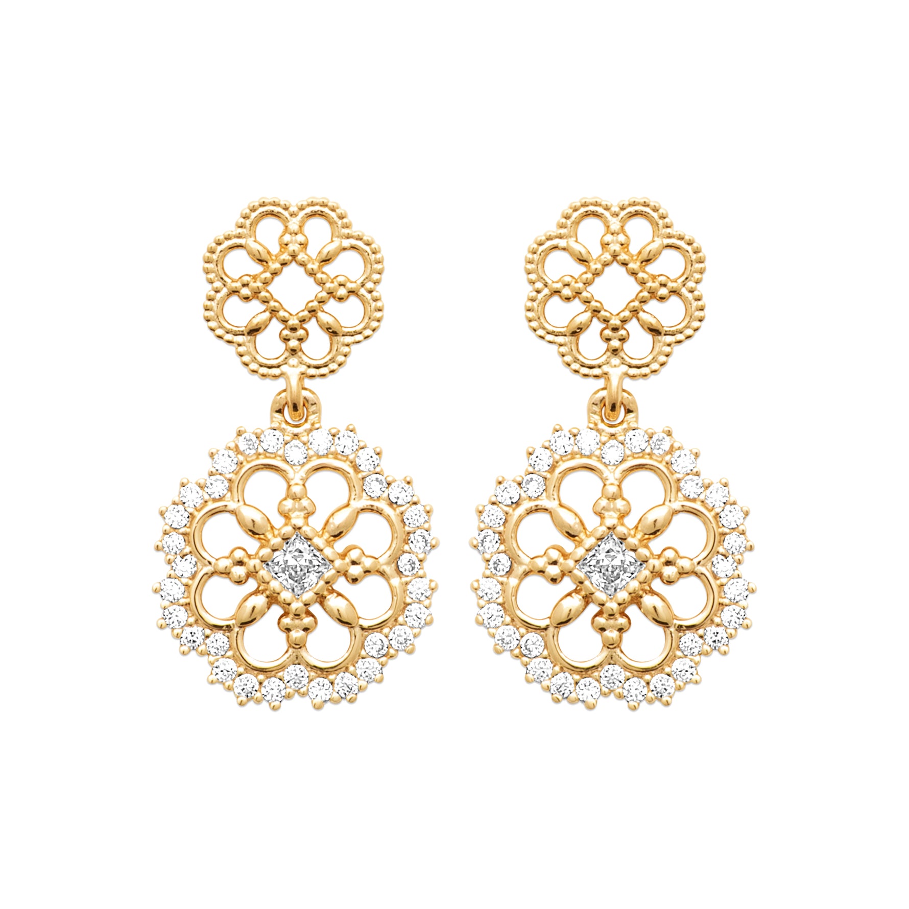 Front Flower Garden Earrings in 18K Gold Plating Featuring Floral Drop Earrings with Cubic Zirconia | Burren Jewellery