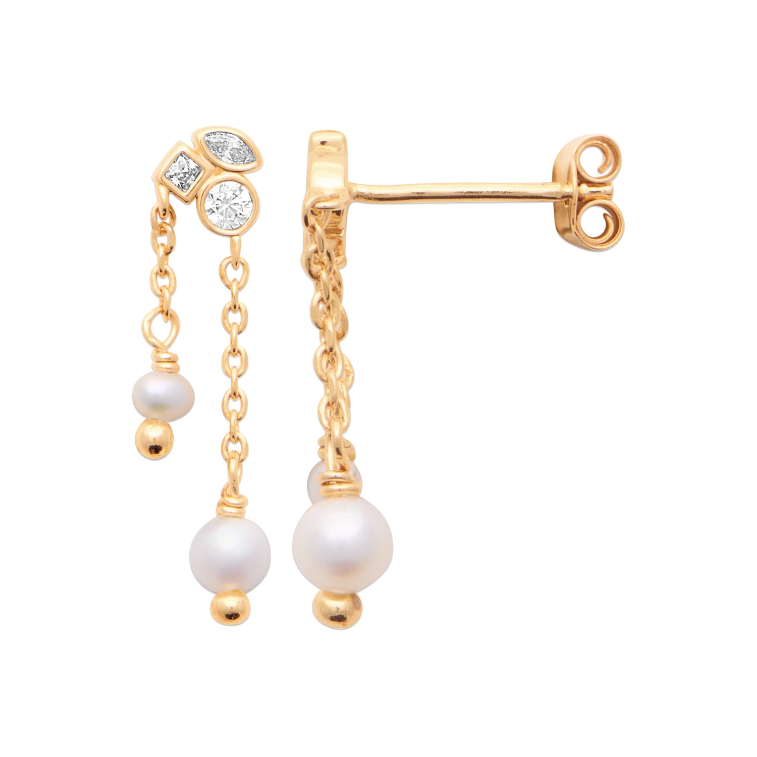 A pair of Better Off Earrings in 18K Gold Plating Featuring Genuine Freshwater Pearl Drops and Mixed-Cut Clear Cubic Zirconia with Delicate Double Chain Detail | Burren Jewellery