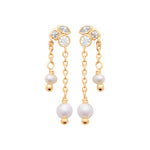 Better Off Earrings in 18K Gold Plating Featuring Genuine Freshwater Pearl Drops and Mixed-Cut Clear Cubic Zirconia with Delicate Double Chain Detail | Burren Jewellery
