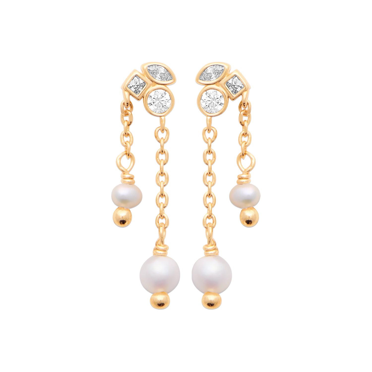 Better Off Earrings in 18K Gold Plating Featuring Genuine Freshwater Pearl Drops and Mixed-Cut Clear Cubic Zirconia with Delicate Double Chain Detail | Burren Jewellery