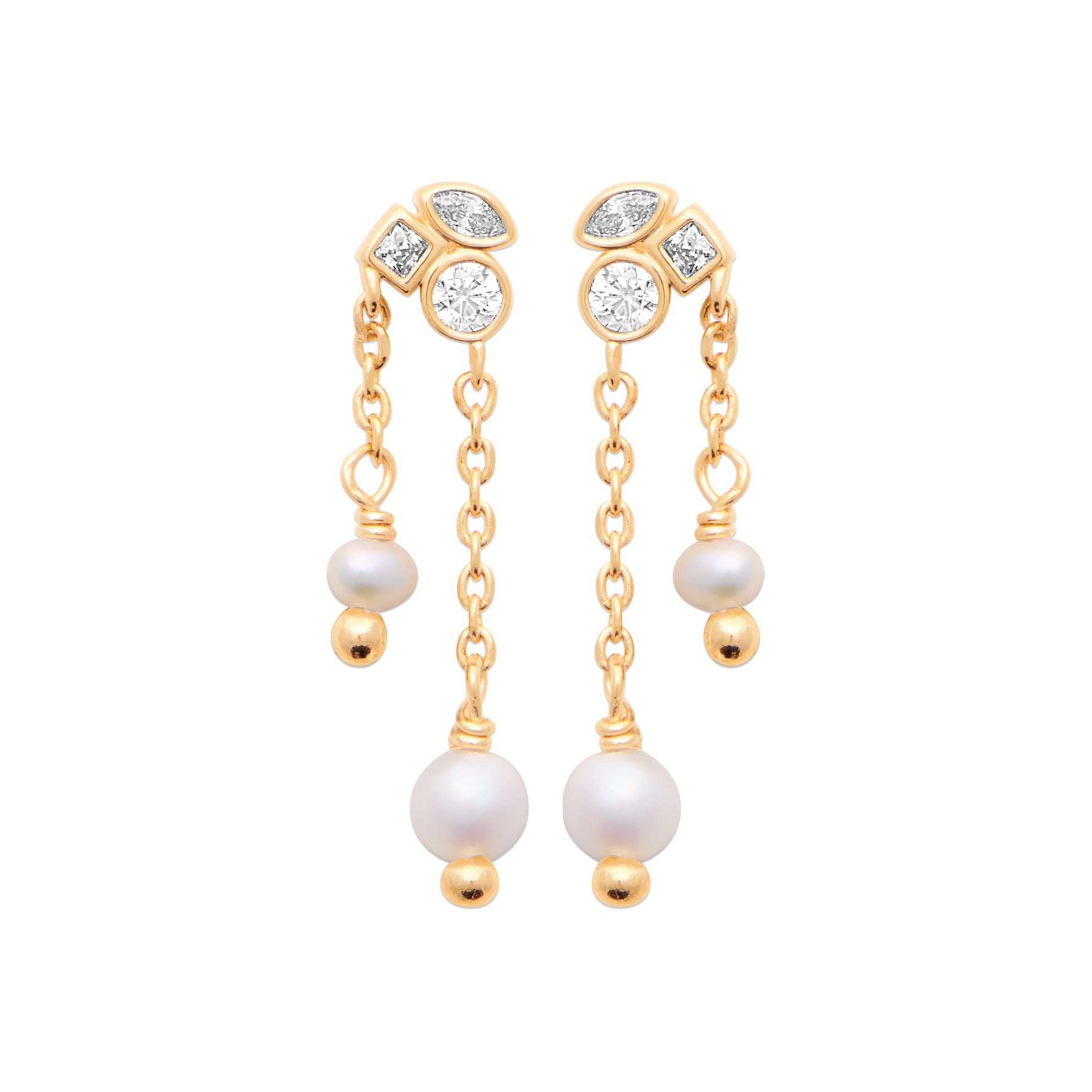 Better Off Earrings in 18K Gold Plating Featuring Genuine Freshwater Pearl Drops and Mixed-Cut Clear Cubic Zirconia with Delicate Double Chain Detail | Burren Jewellery