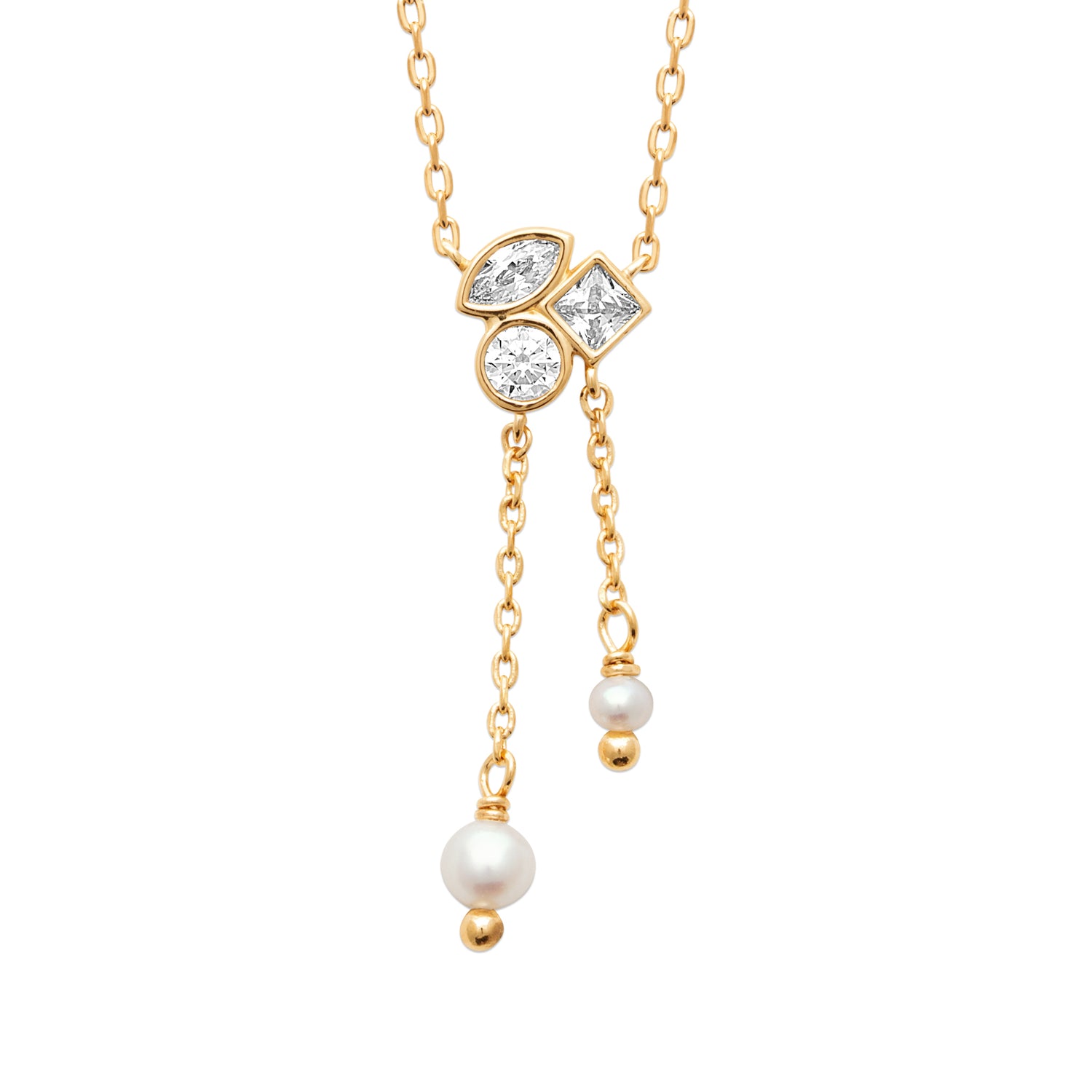 Better Off Necklace in 18K Gold Plating Featuring Genuine Freshwater Pearl Drops and Mixed-Cut Clear Cubic Zirconia with Delicate Asymmetric Chain Detail | Burren Jewellery
