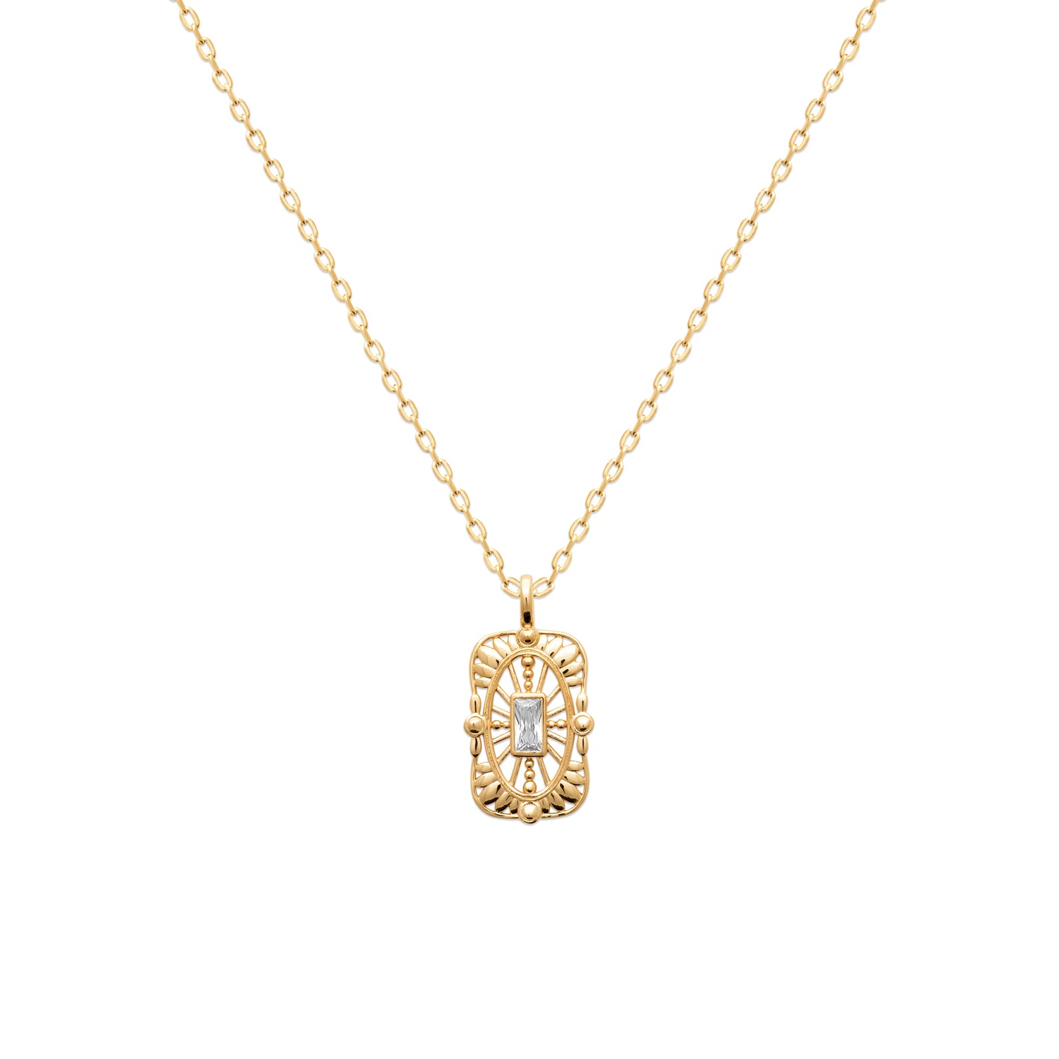 A gold necklace with a rectangular filigree pendant featuring a central clear baguette gemstone, displayed on a clean white background.