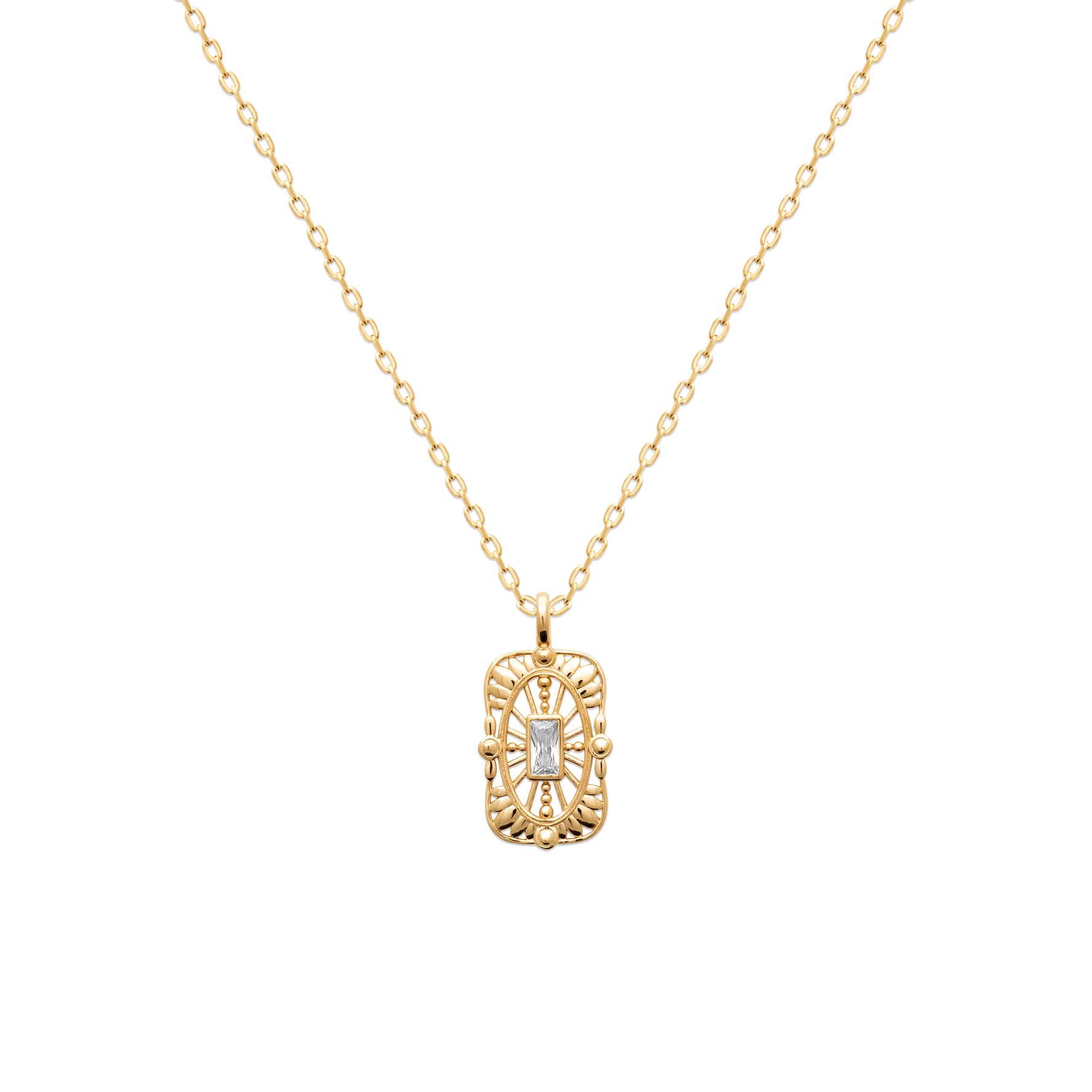 A gold necklace with a rectangular filigree pendant featuring a central clear baguette gemstone, displayed on a clean white background.
