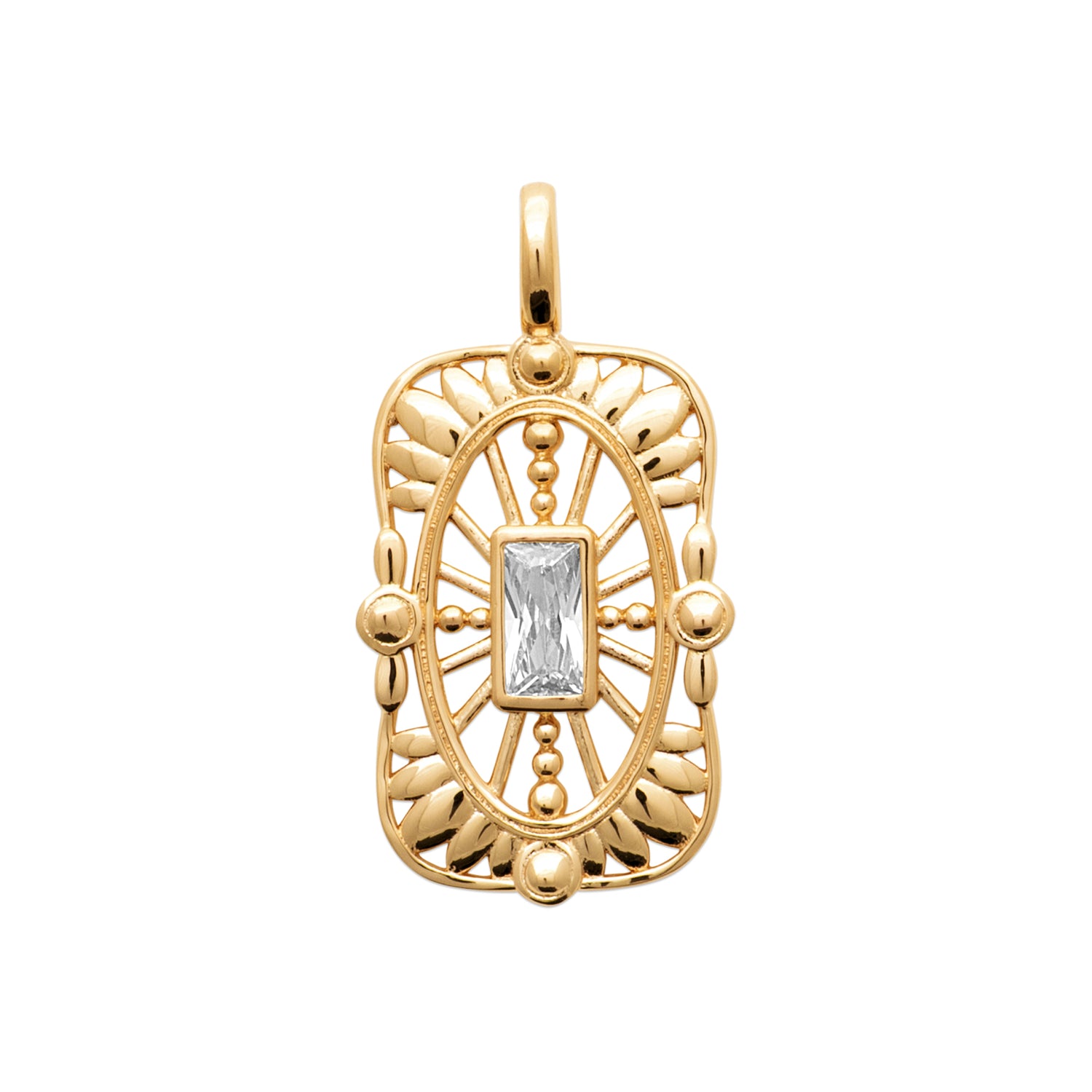 A gold pendant with a central clear rectangular gemstone, shown on a plain white background.