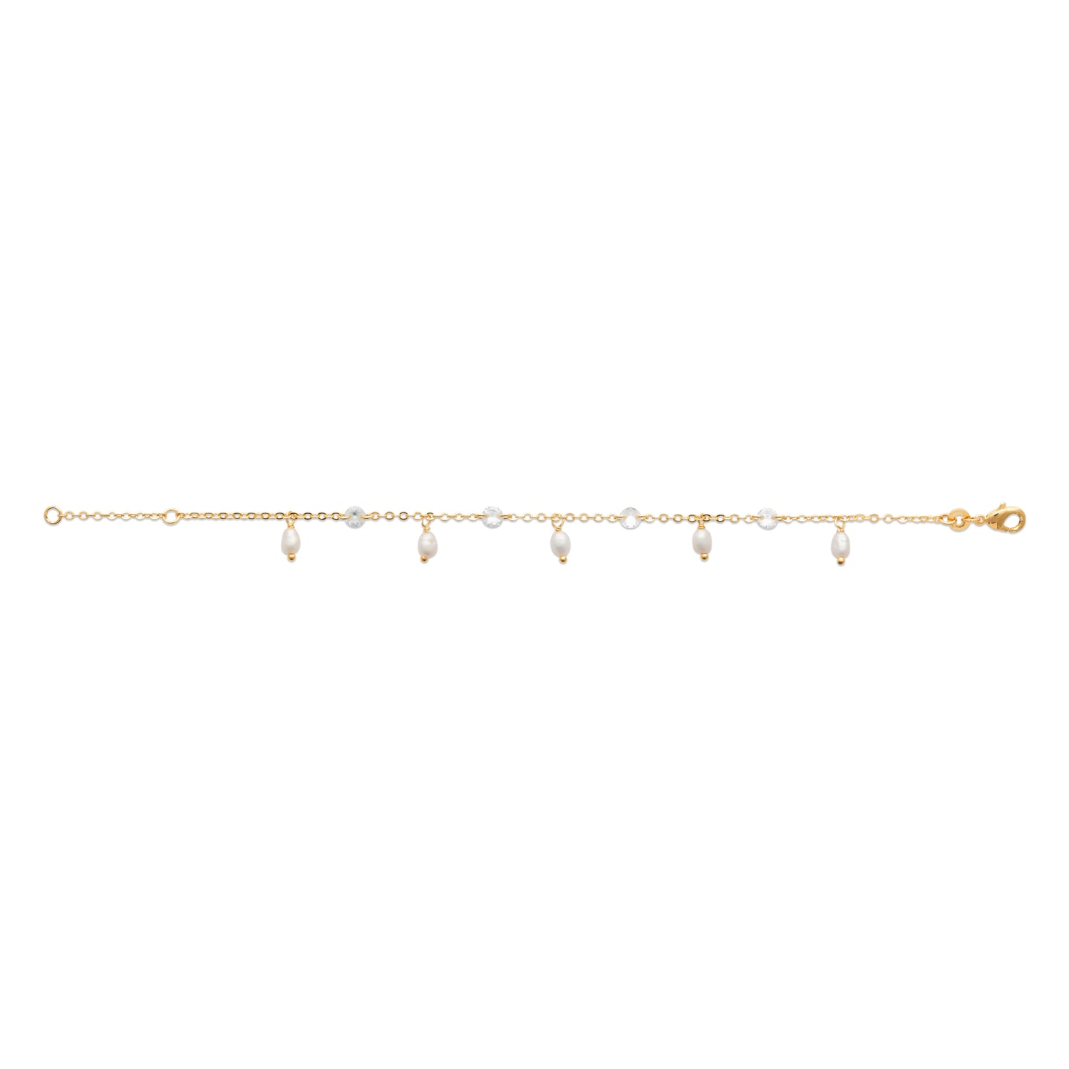 A delicate gold chain bracelet featuring five small white pearl-like beads spaced along the chain, with a lobster clasp at the end, shown against a plain white background.