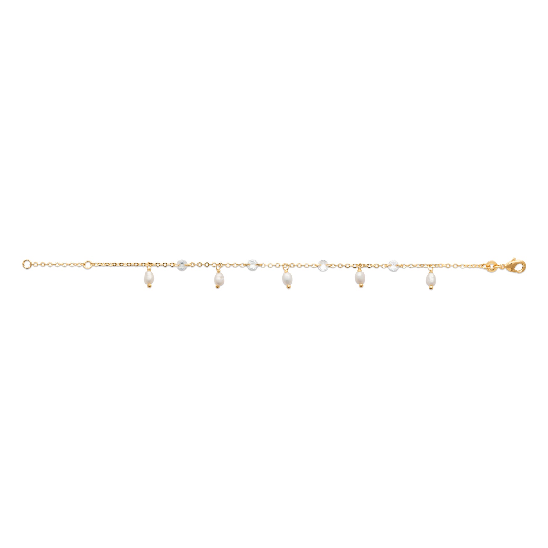 A delicate gold chain bracelet featuring five small white pearl-like beads spaced along the chain, with a lobster clasp at the end, shown against a plain white background.