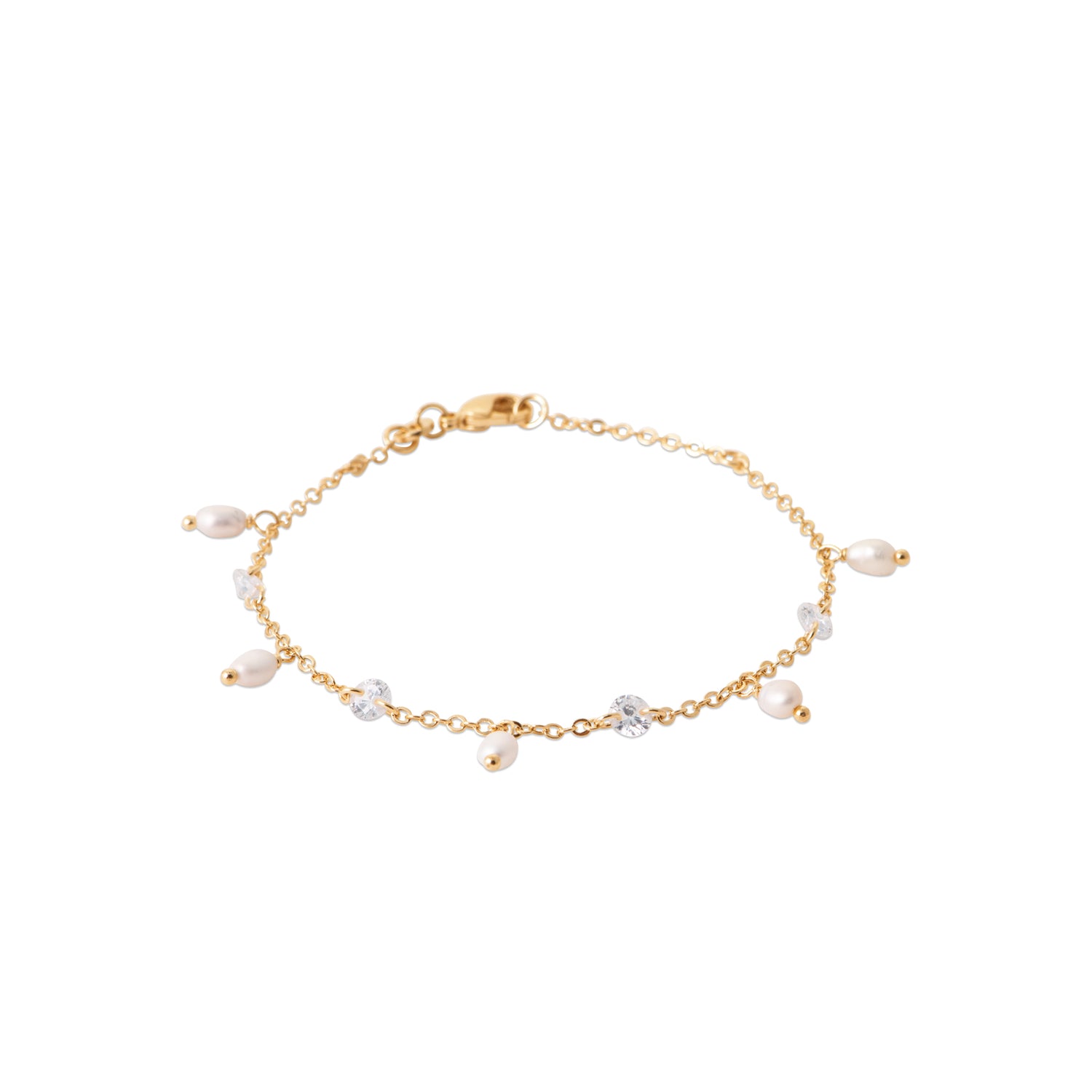 A delicate gold chain bracelet featuring small white pearl-like beads and a few clear crystal accents, displayed on a clean white background.