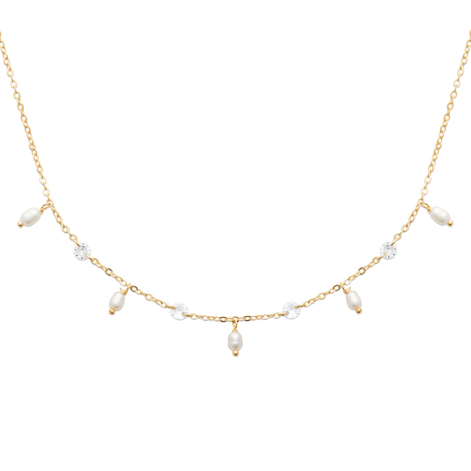 Ivory Cascade Necklace in 18K Gold Plating with Freshwater Pearl Charms, Round Cubic Zirconia and Fine Trace Chain | Burren Jewellery
