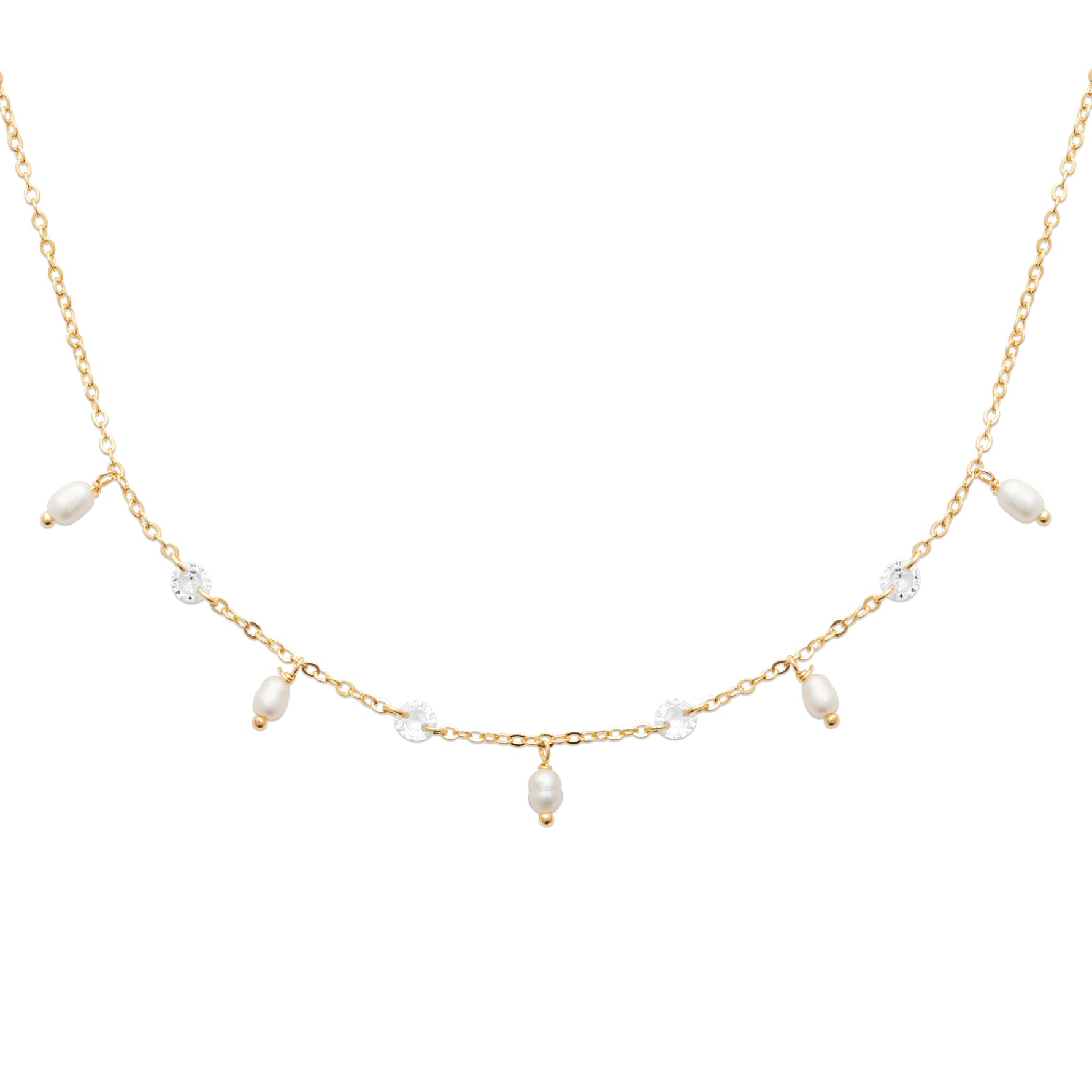 Ivory Cascade Necklace in 18K Gold Plating with Freshwater Pearl Charms, Round Cubic Zirconia and Fine Trace Chain | Burren Jewellery
