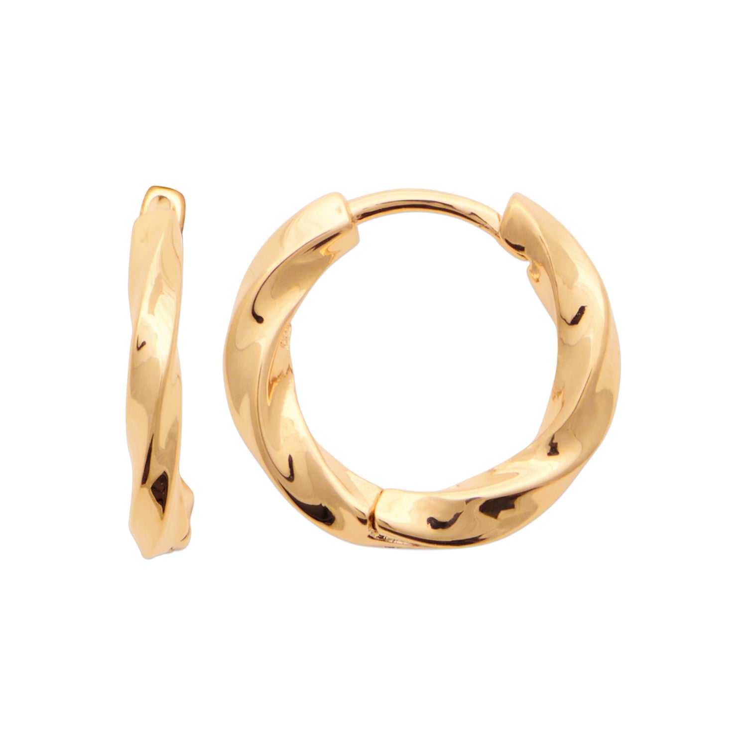 A pair of Main Character Earrings in 18K Gold Plating Featuring Sculptural Twisted Huggie Hoop Design with a High-Polish Finish | Burren Jewellery