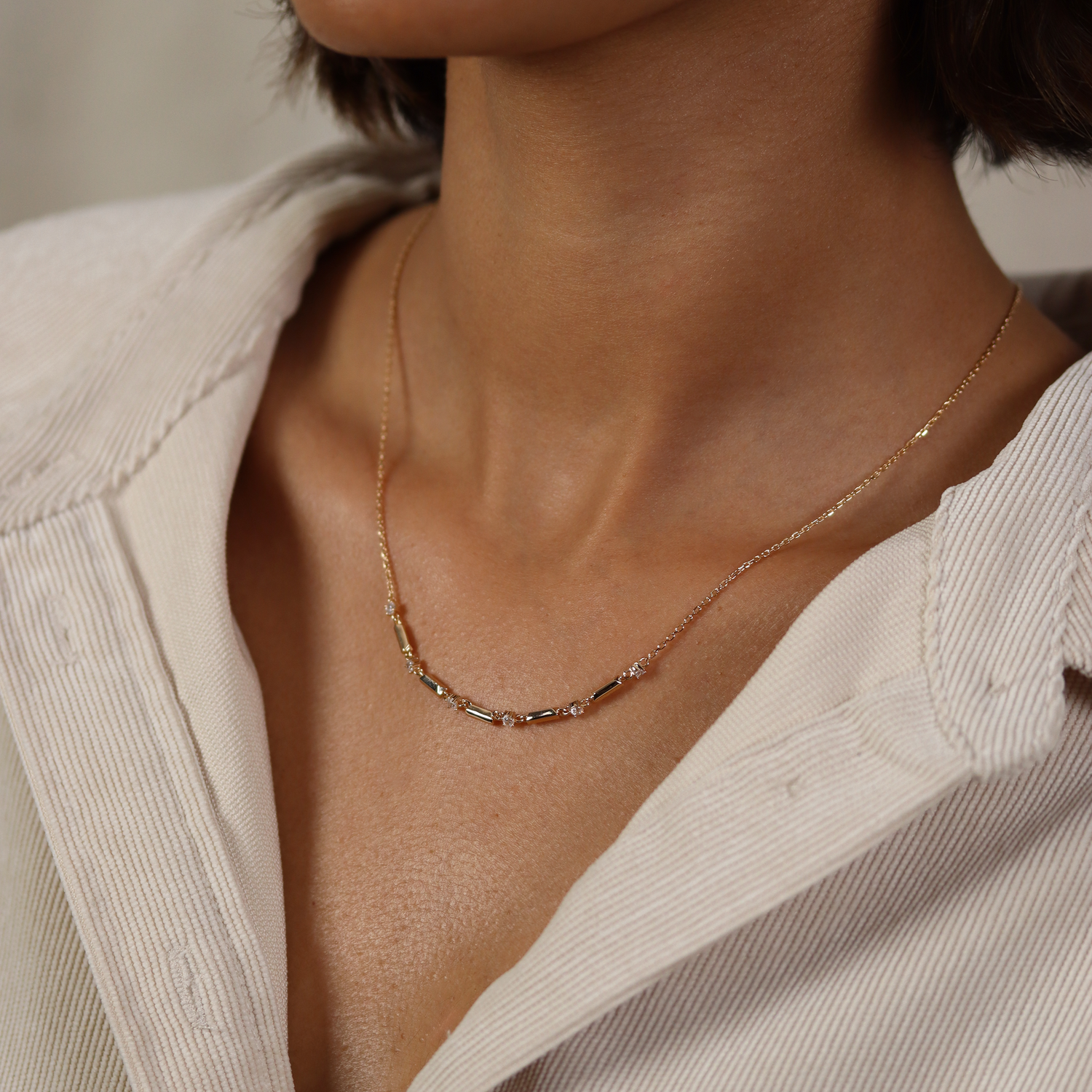 Burren jewellery 18k gold plated Valentina necklace on model