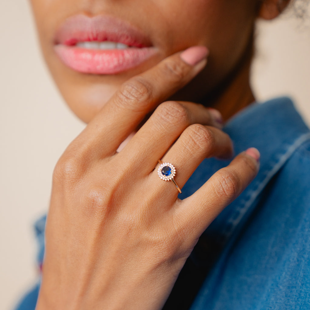 Burren jewellery 18k gold plated madelyn sapphire ring hand