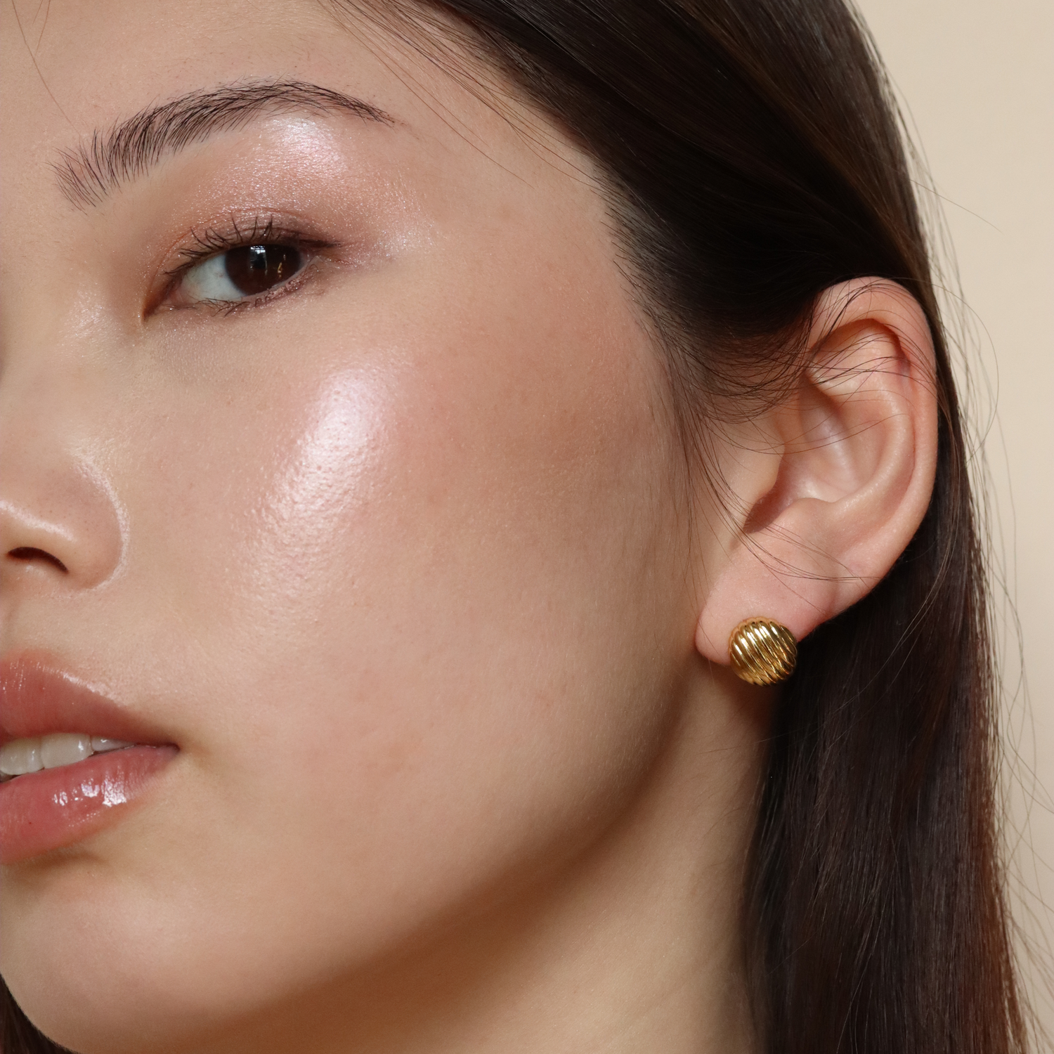 Burren jewellery 18k gold plated small button earrings on model better on saturn