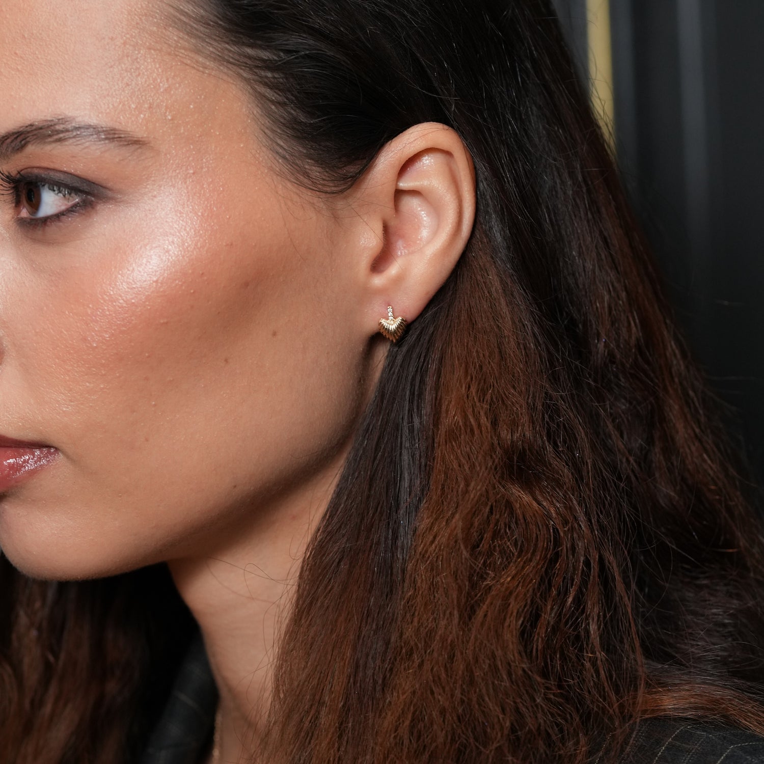 Burren jewellery gold heart earring on model