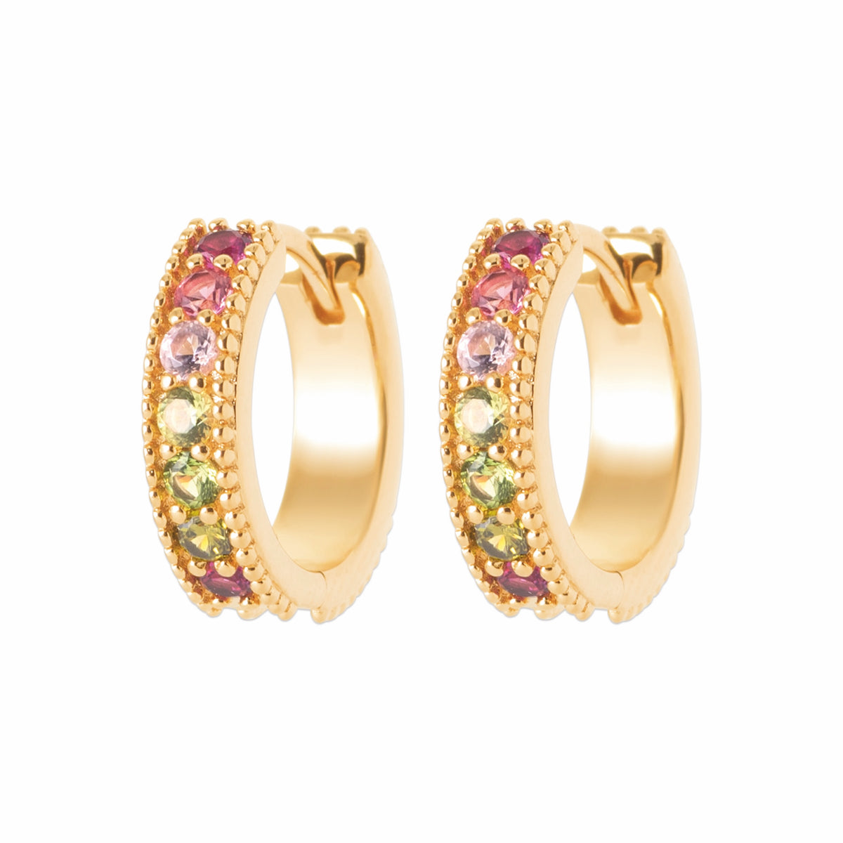 Burren jewellery gold huggie earrings colourful