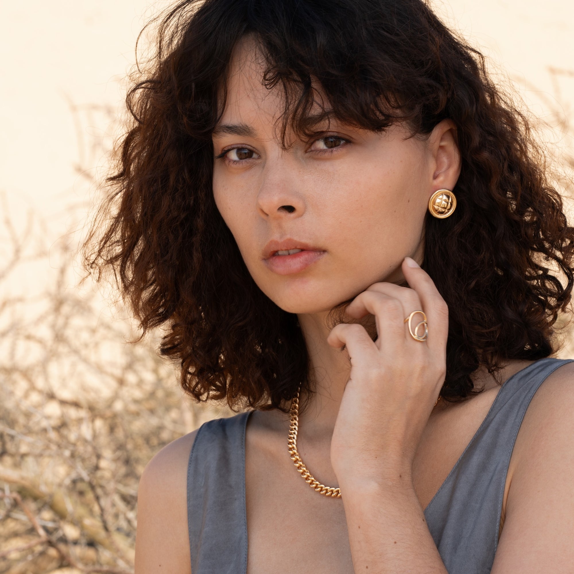 Burren jewellery statement button earrings in gold