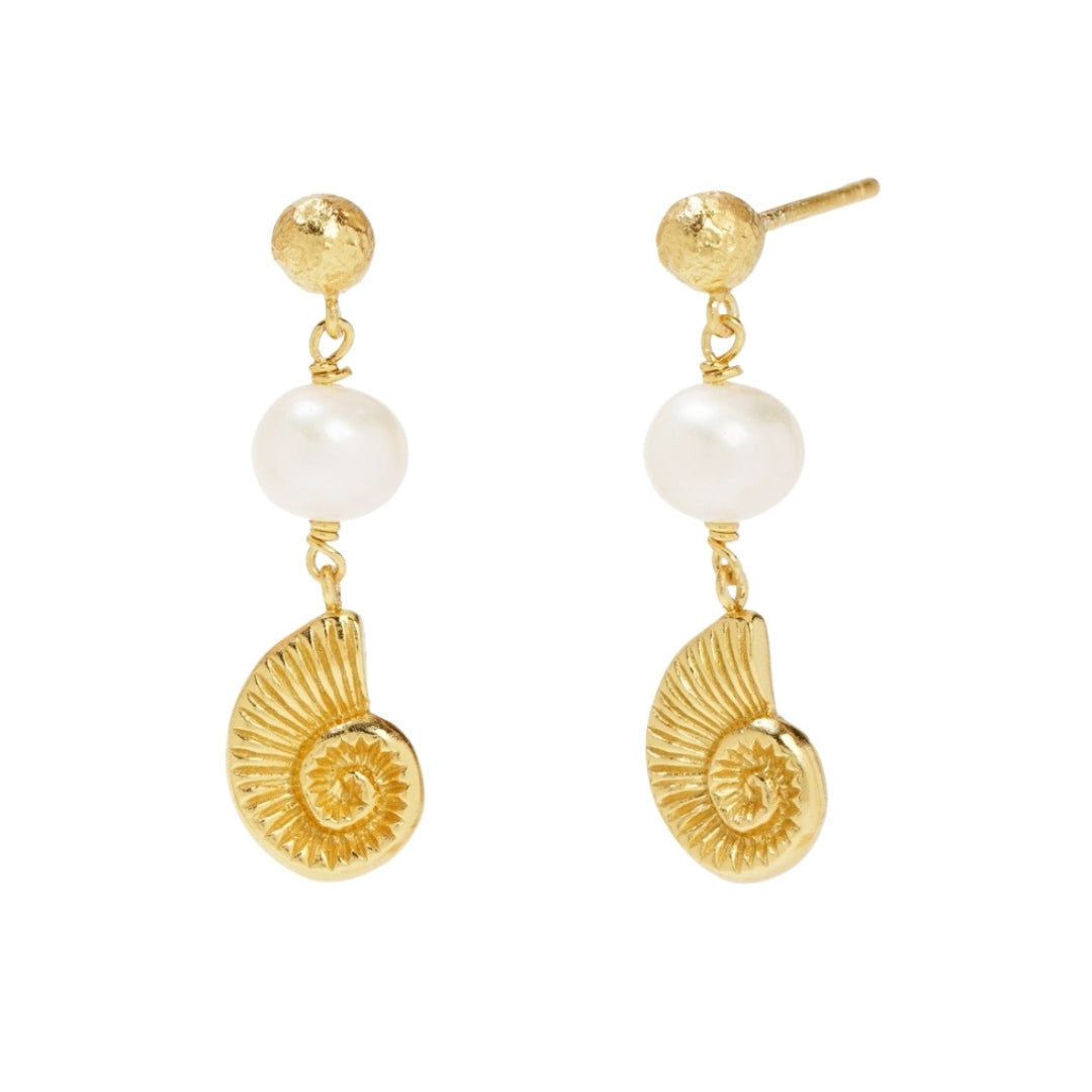 Cassis gold plated earrings, hammered stud, pearl, and spiral shell charm drop