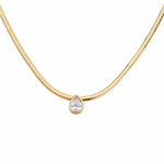 Closeup of Date Night Necklace in 18K Gold Plating Featuring a Bezel-Set Pear Cut Clear Cubic Zirconia Pendant on a Herringbone Snake Chain | Burren Jewellery