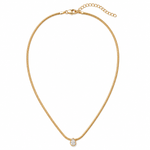 Full Shot of Date Night Necklace in 18K Gold Plating Featuring a Bezel-Set Pear Cut Clear Cubic Zirconia Pendant on a Herringbone Snake Chain | Burren Jewellery