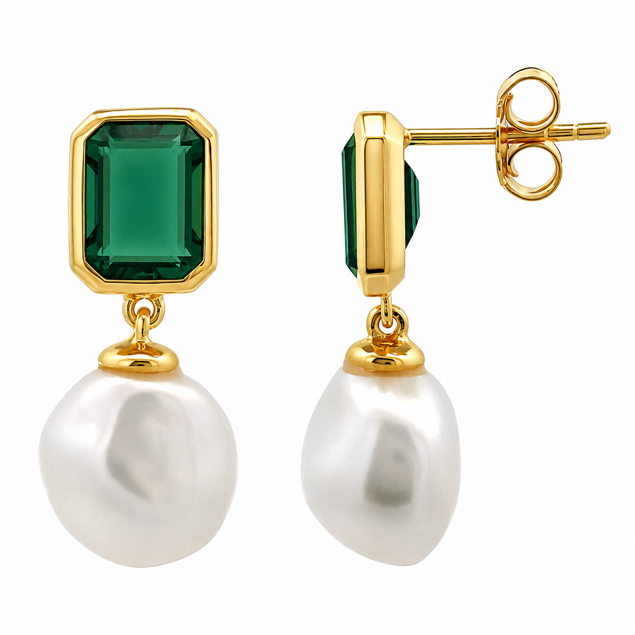 A pair of gold drop earrings featuring a rectangular emerald-cut green gemstone and a dangling baroque white pearl, shown against a plain white background.