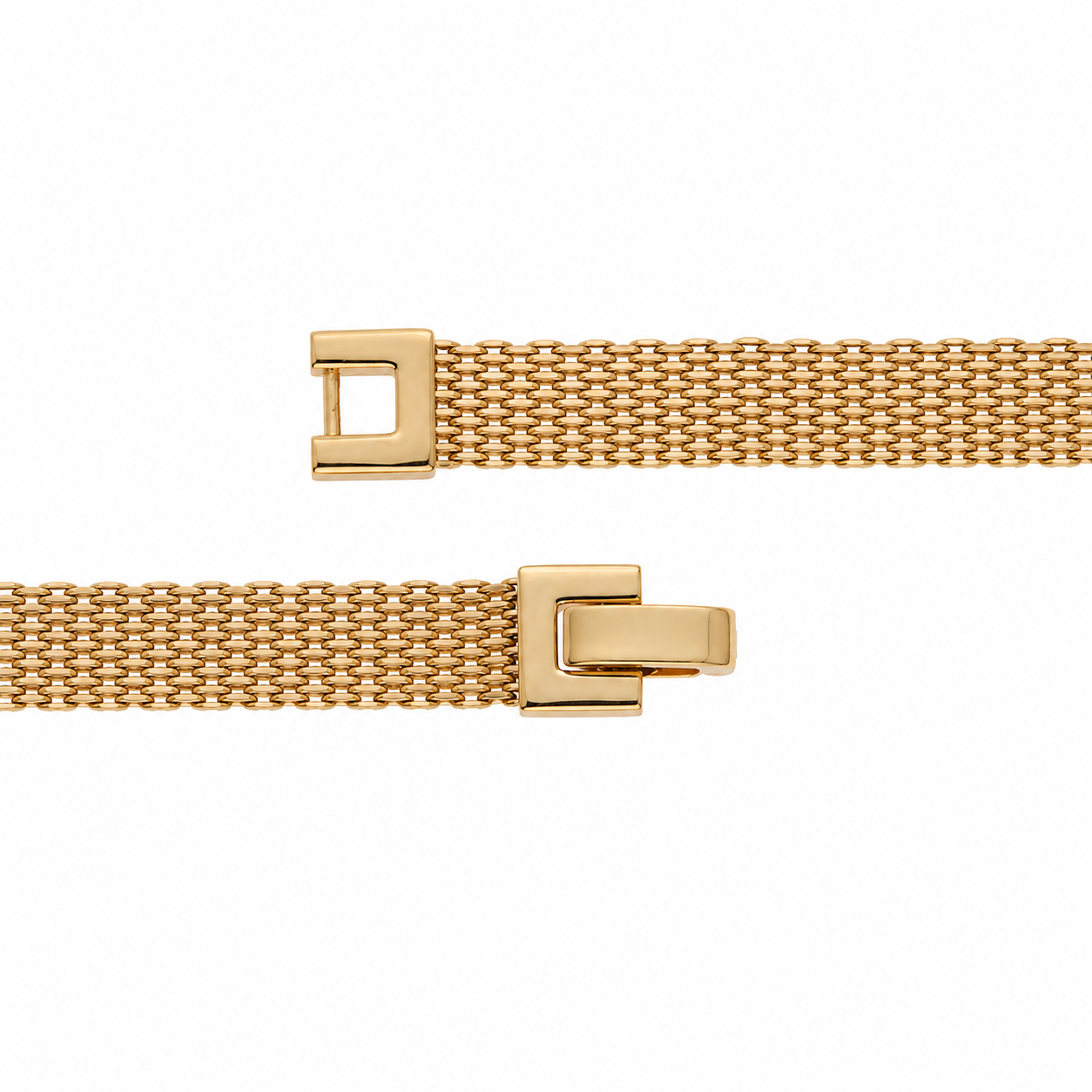 Close-up of the Empress Thread gold plated mesh bracelet showing the polished squared interlocking clasp