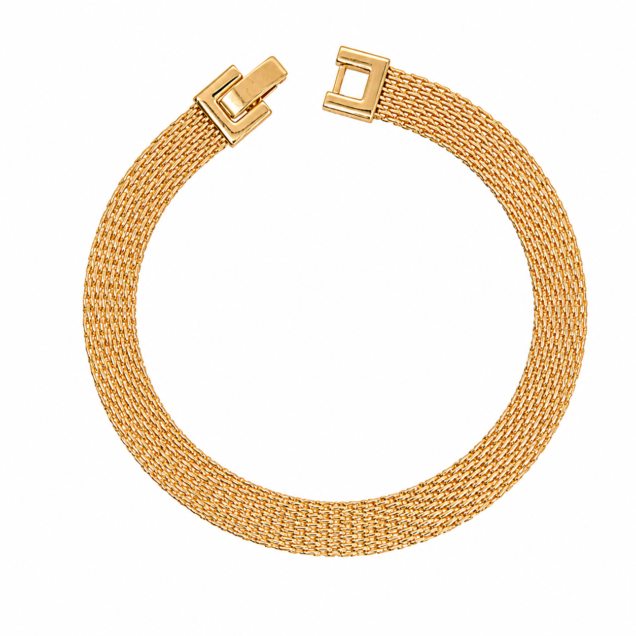 Empress Thread flat woven mesh chain bracelet in gold plating, shown laid flat with the squared clasp at the front