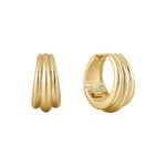A pair of gold huggie hoop earrings with a multi-row ridged design, shown from both front and side angles on a plain white background.
