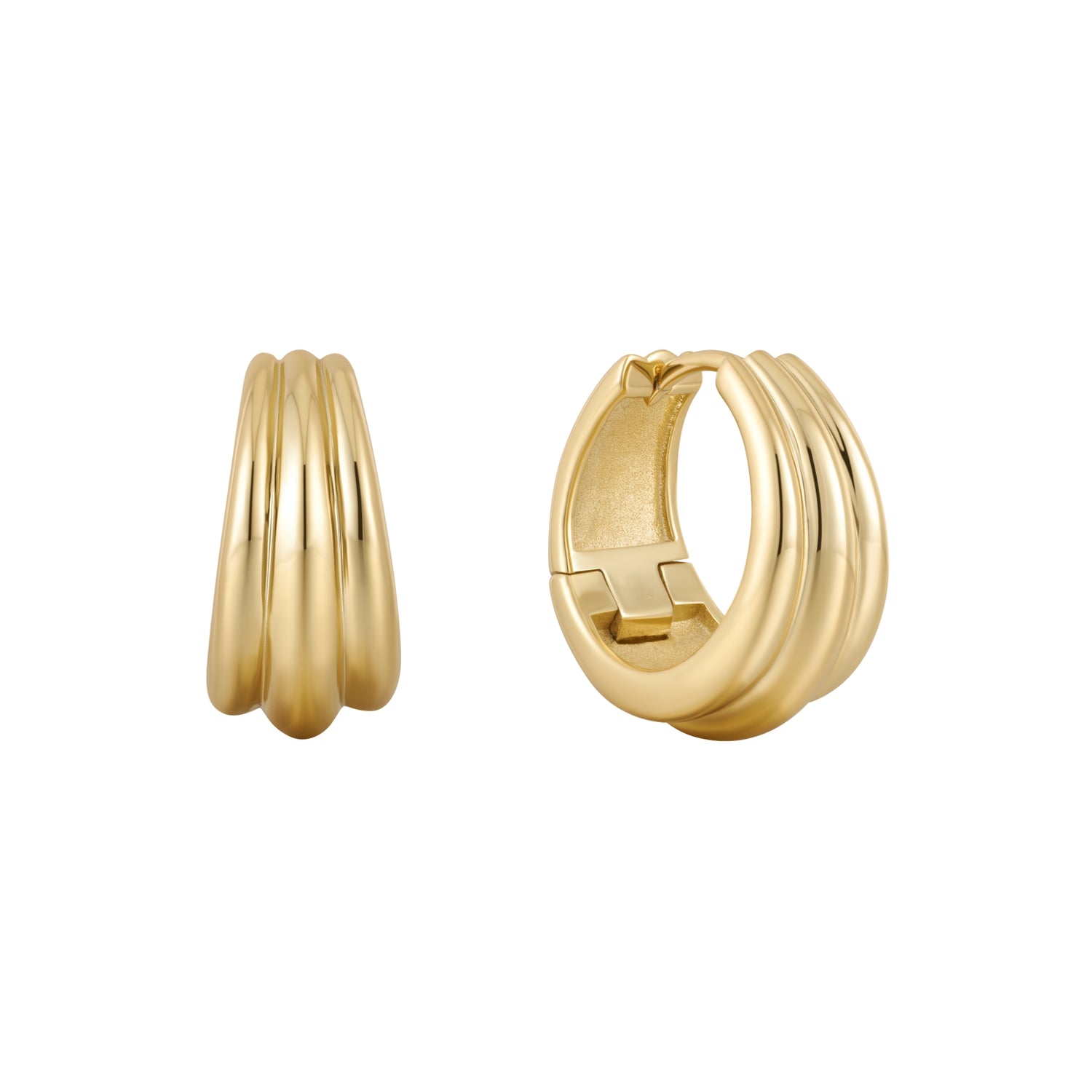 A pair of gold huggie hoop earrings with a multi-row ridged design, shown from both front and side angles on a plain white background.