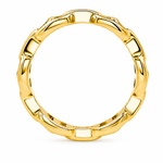 A polished yellow gold ring with a textured, segmented outer band, shown against a plain white background.