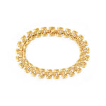 Love Me Like You Do gold plated panel link bracelet laid flat, three rows of links with a textured centre stripe