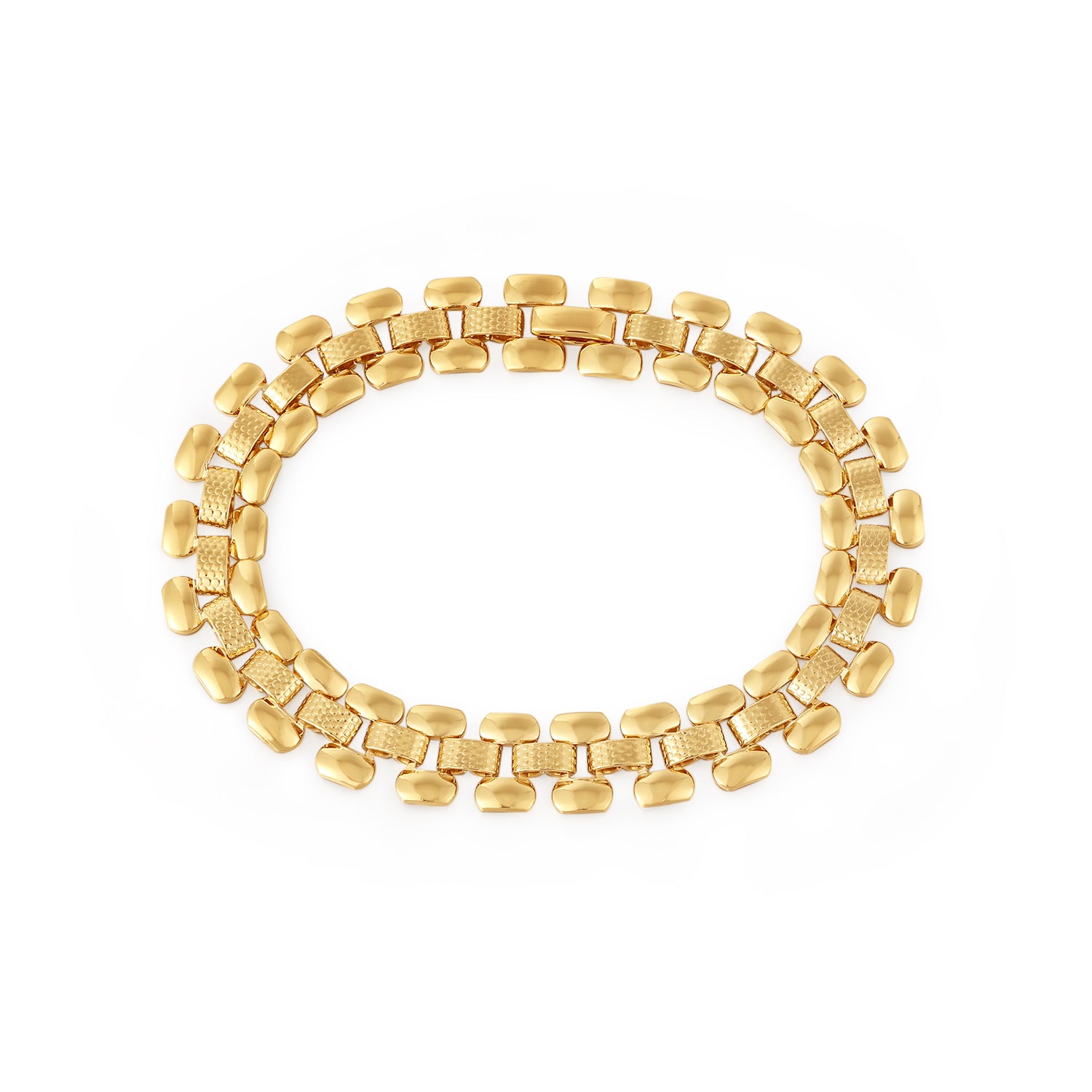 Love Me Like You Do gold plated panel link bracelet laid flat, three rows of links with a textured centre stripe