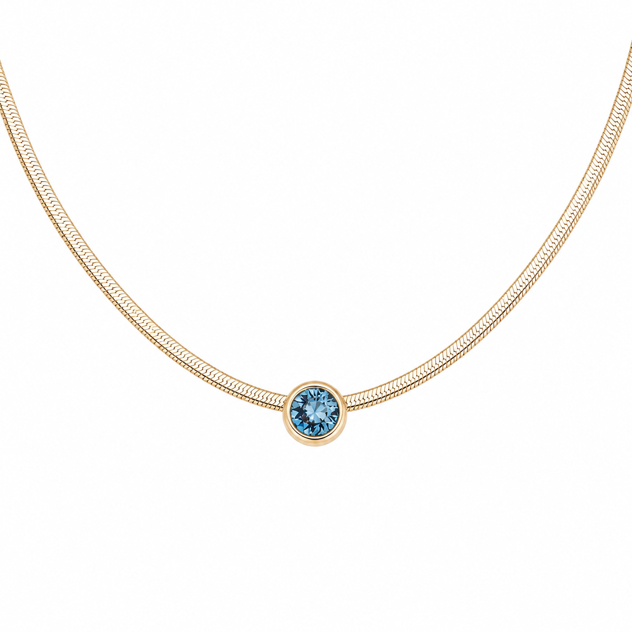 Marina Necklace in 18K Gold Plating Featuring a Bezel-Set Round Blue Cubic Zirconia Pendant on a Herringbone Snake Chain | Burren Jewellery