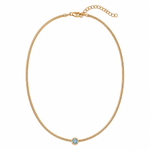Full shot of Marina Necklace in 18K Gold Plating Featuring a Bezel-Set Round Blue Cubic Zirconia Pendant on a Herringbone Snake Chain | Burren Jewellery