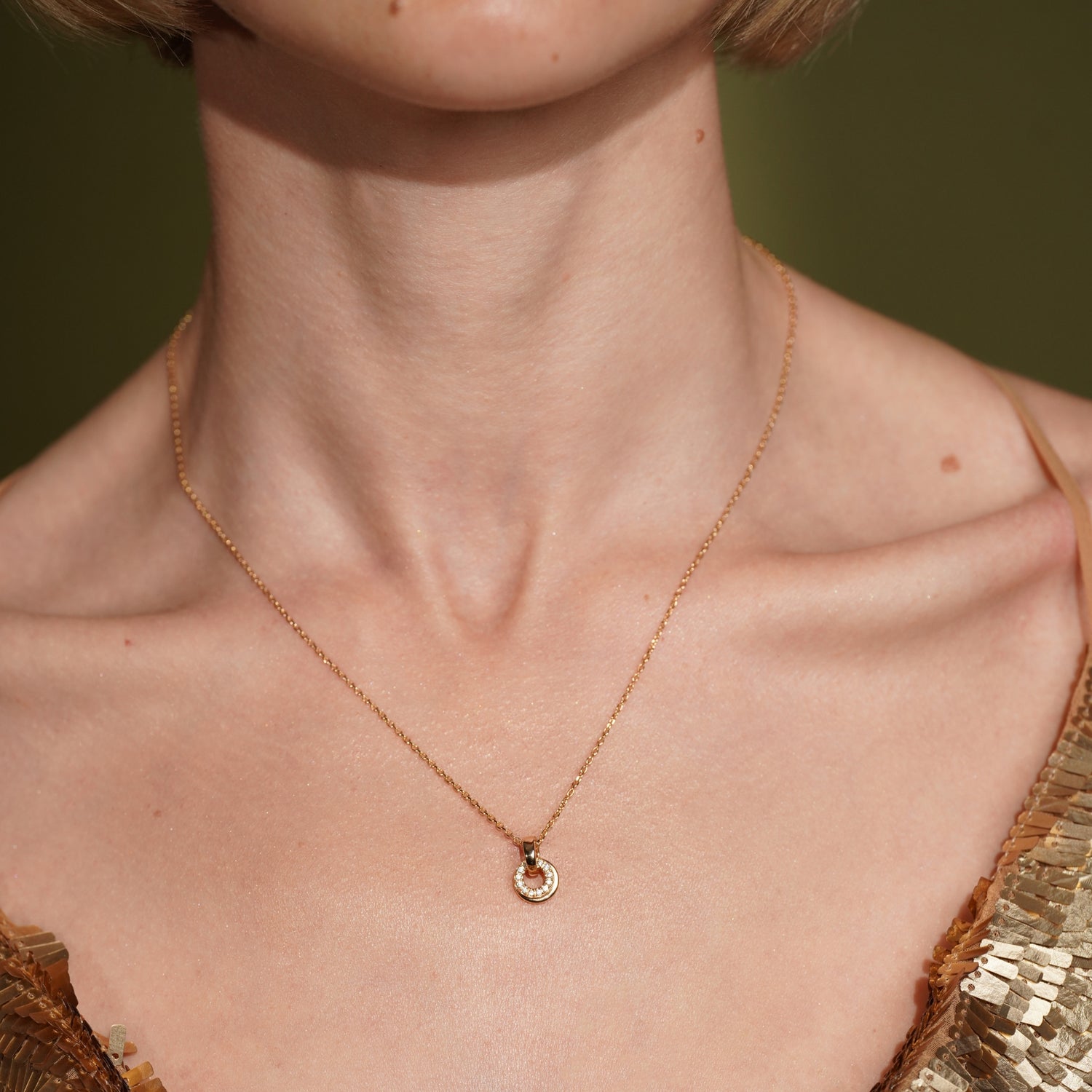 Model wearing Over You pendant