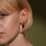 Close-up of a model's ear and side profile wearing a pair of small gold stud earrings with clear gemstones