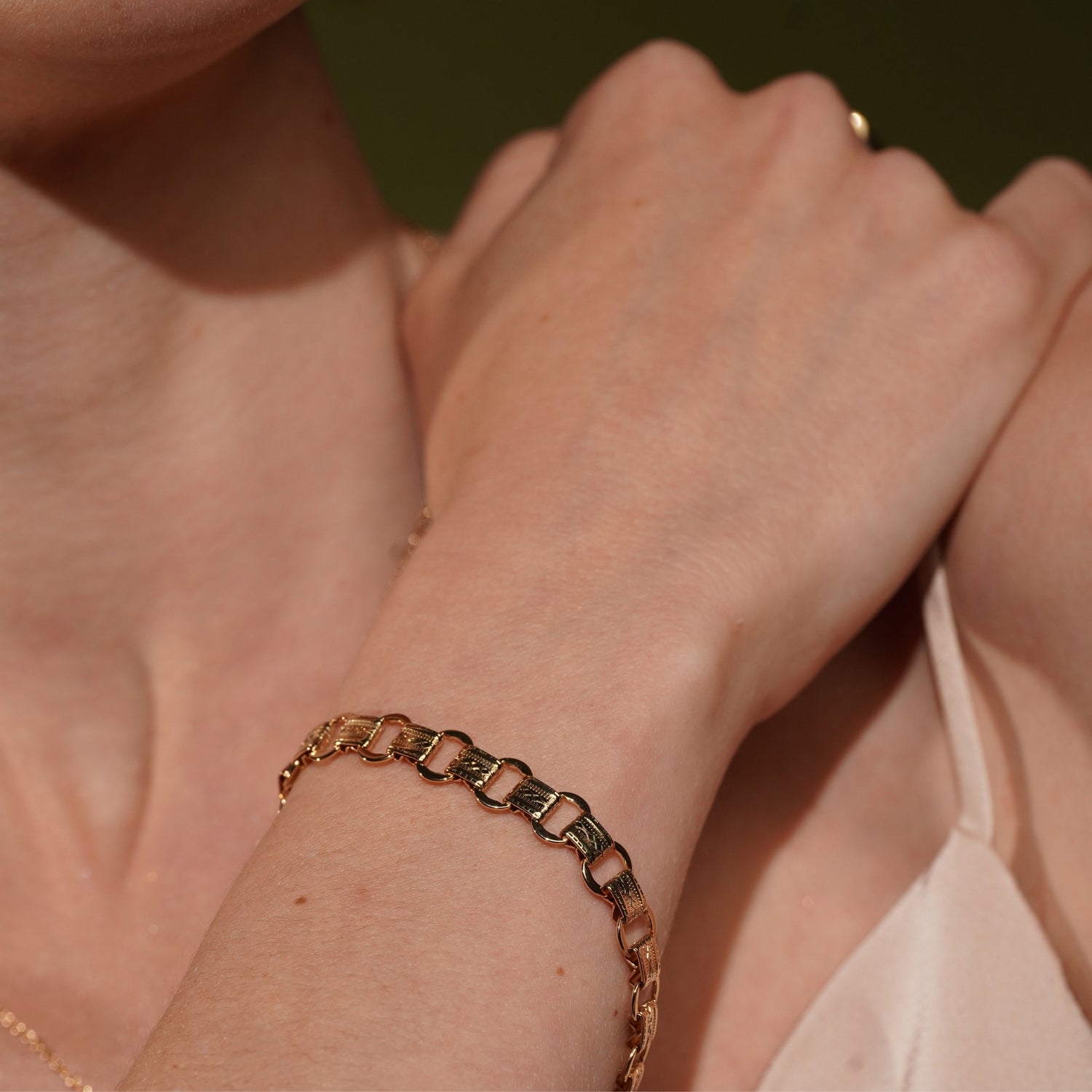 A close-up of Last Goodbye 18K Gold Plated Textured Link Bracelet | Burren Jewellery