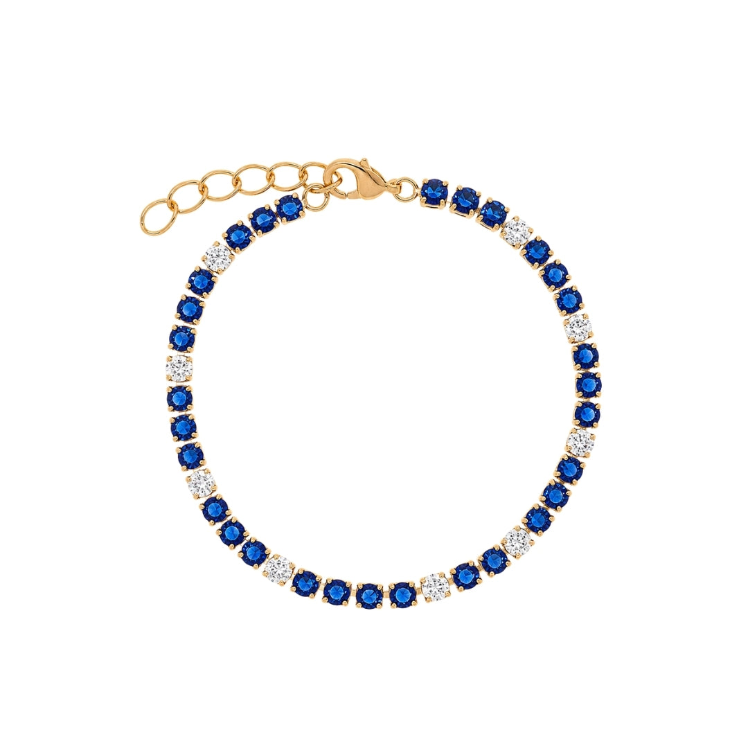 No Apologies 18K Gold Plated Tennis Bracelet with Sapphire Blue and Clear Cubic Zirconia | Burren Jewellery