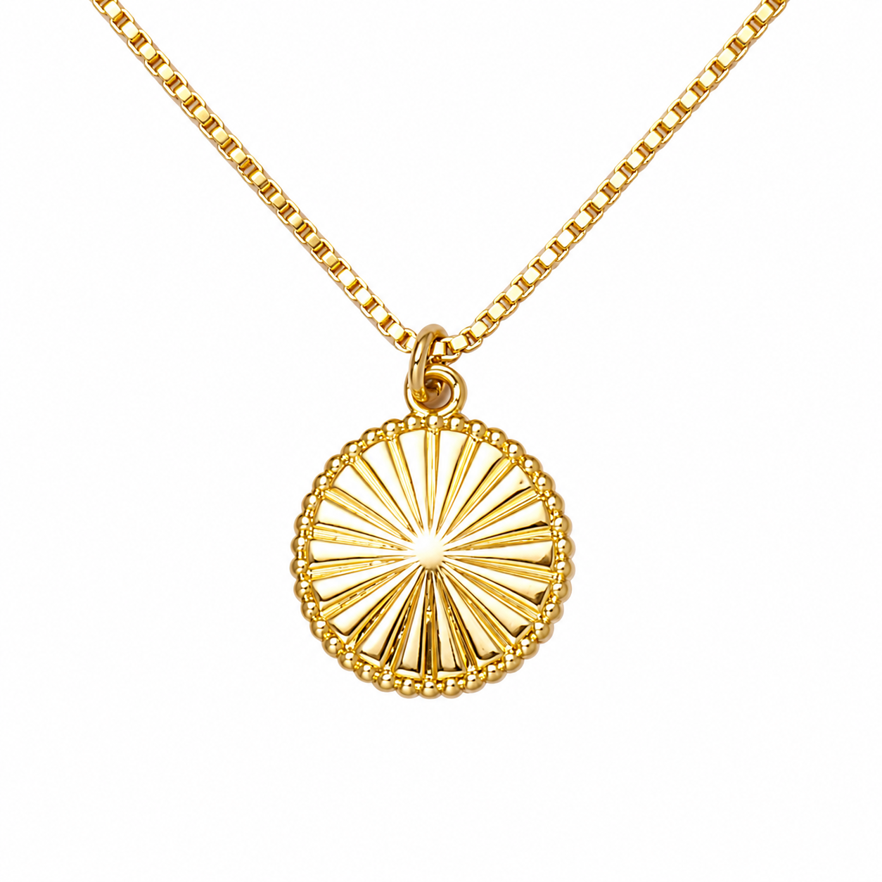 Noble Pendant Necklace in 18K Gold Plating Featuring an Engraved Sunburst Circular Pendant with Beaded Border on a Fine Box Chain | Burren Jewellery